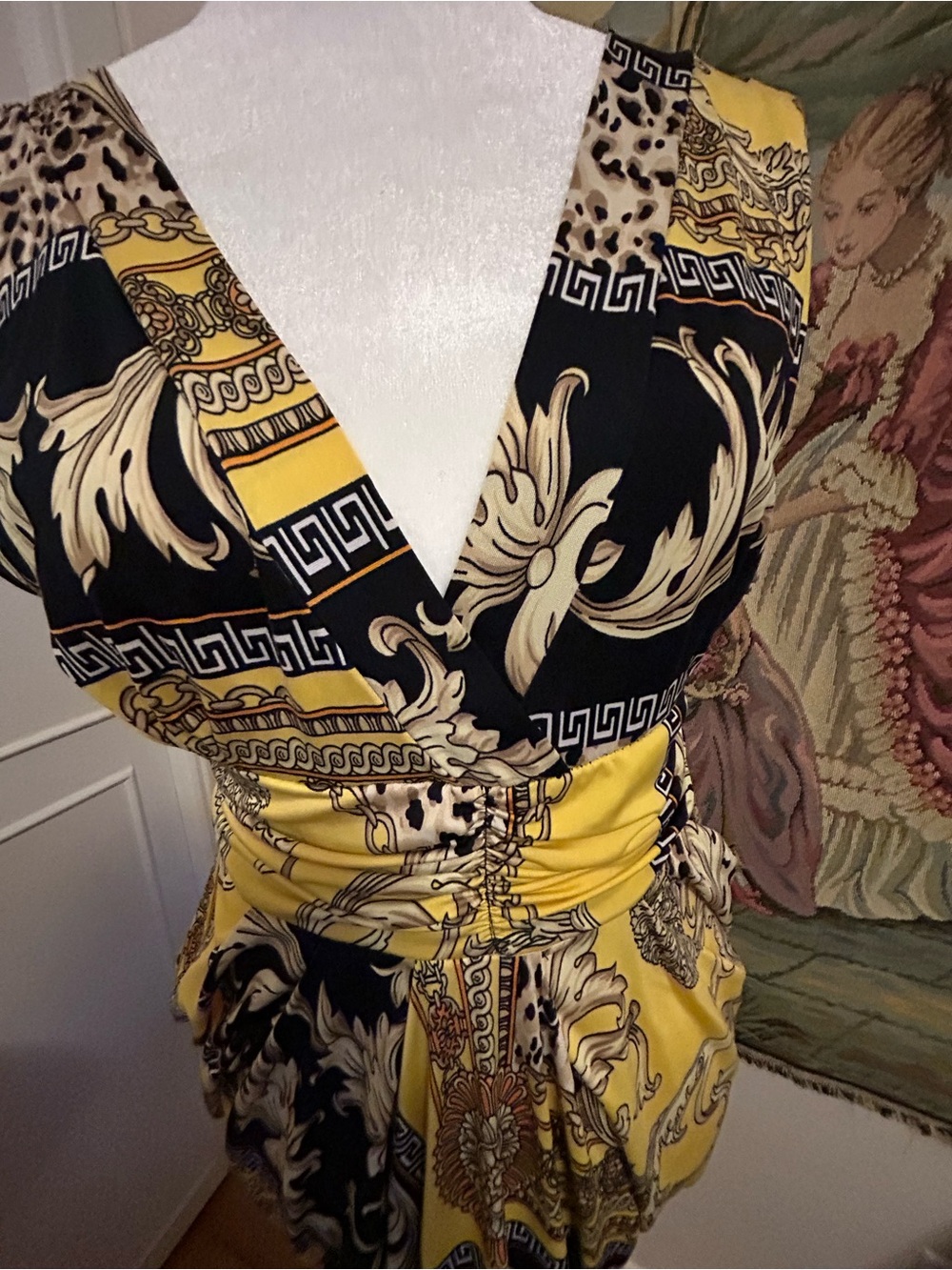Yellow and Black Baroque Print Wrap Dress